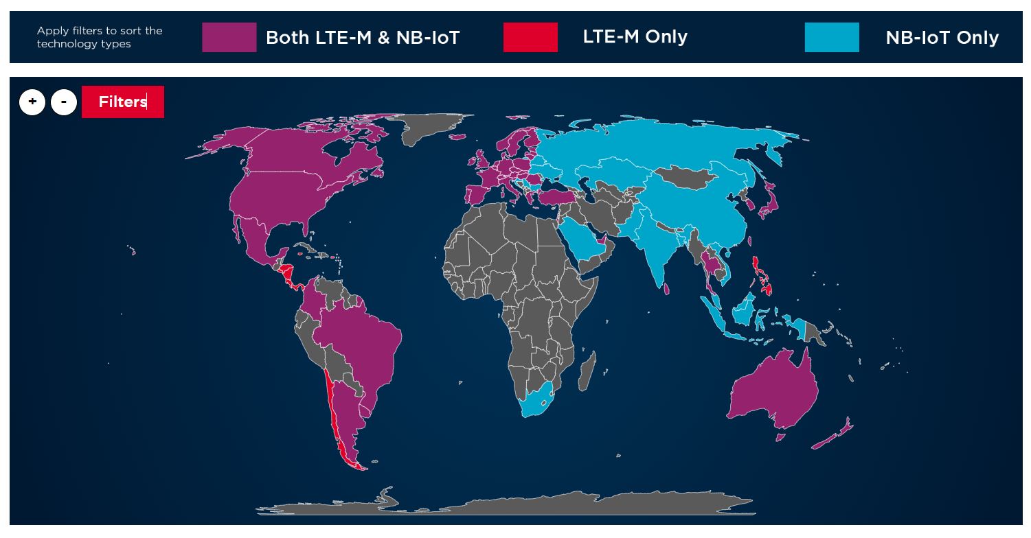 carte de déploiement des réseaux et technologies nbiot et ltem à travers le monde